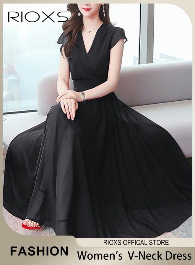 Women's Elegant High Waist Maxi Dress, V-neck Short-sleeved Dress, Ruched Wrap Summer Long Dress with Back Zipper, Stylish Exquisite Evening Prom Dress, Perfect for Both Casual and Formal Occasions