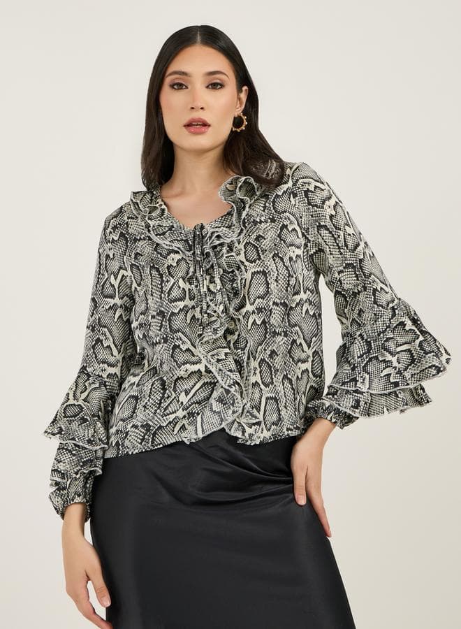 Animal Print Flared Sleeves Top with Ruffle Details
