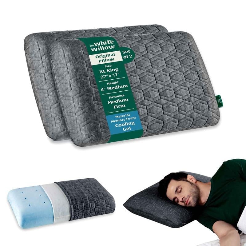 The White Willow Memory Foam Pillow Set of 2-Cool Gel Pillow For Neck & Shoulder Pain-Cervical Pillow For Sleeping-Orthopedic Pillow For Back, Side & Stomach Sleeper-Medium Firm-XL King Size-4"H-Grey