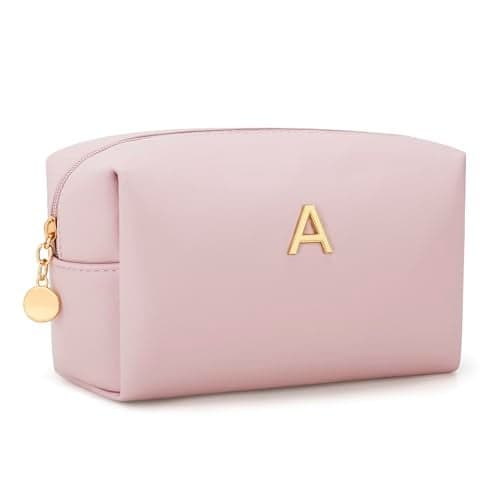 CLOUDWINGS Gifts for Women Bridesmaid Gifts Personalized Initial Makeup Bag PU Leather Cosmetic Waterproof Travel Toiletry Bag (Pink A)