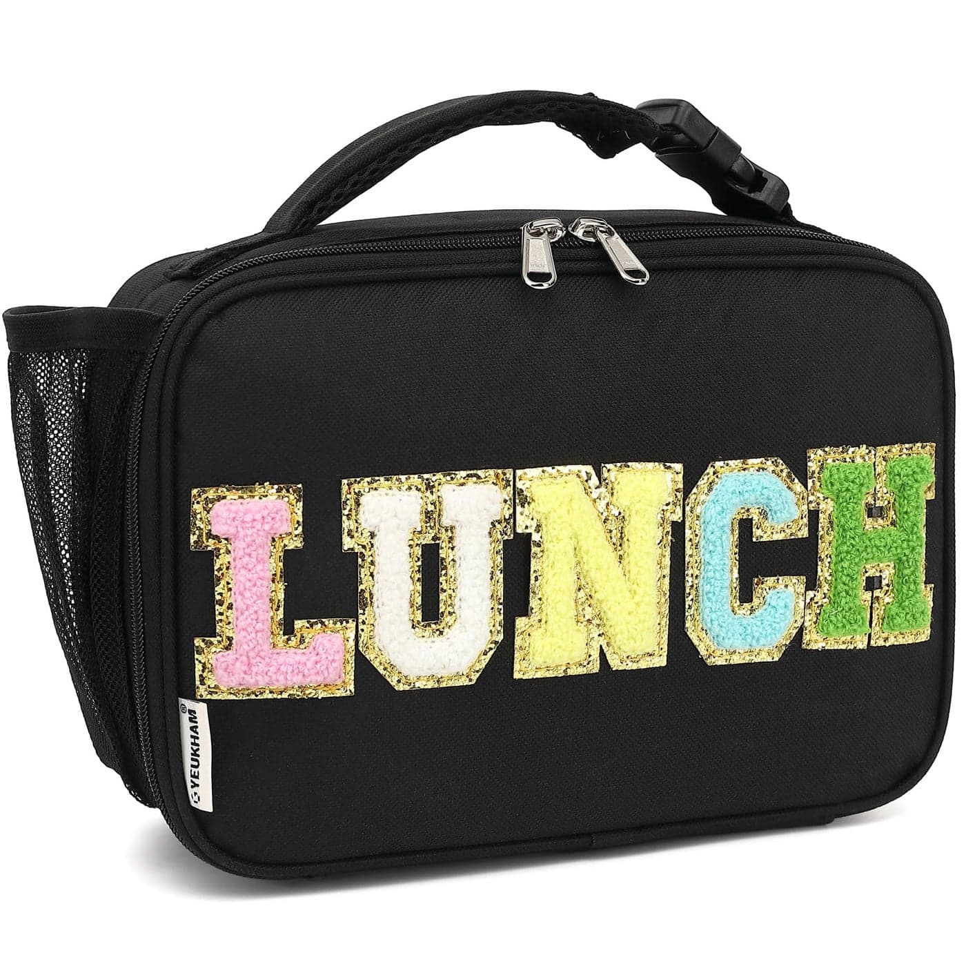 FlowFly Kids Lunch Bag Durable Insulated School Lunch Box with Bottle Holder Waterresistant Thermal Small Lunch Cooler Tote for Teen Boys GirlsBlackWithLetter