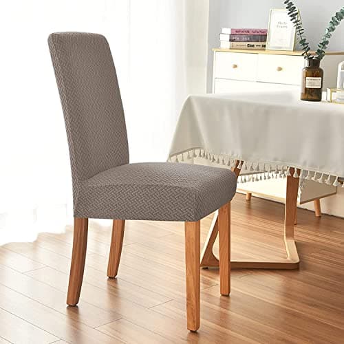 Lukzer Elastic Dining Chair Cover - 1PC Textured Greige Design | Soft Touch Universal Elastic Stretchable Jacquard Fabric Seat Cover | Removable Washable Short Dining Chair Cover Protector Seat Cover