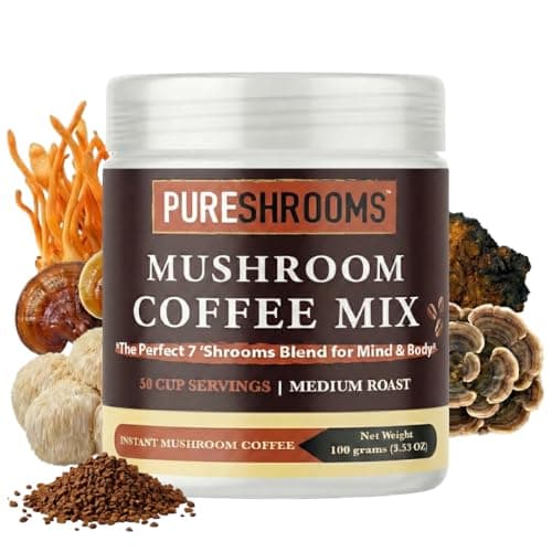 PureShrooms Perfect 7 Mushroom Coffee Instant Single Origin Arabica with Organic Lions Mane Reishi Cordyceps Low Acidity Nootropic Superfood Beverage for Focus Energy 50 Servings