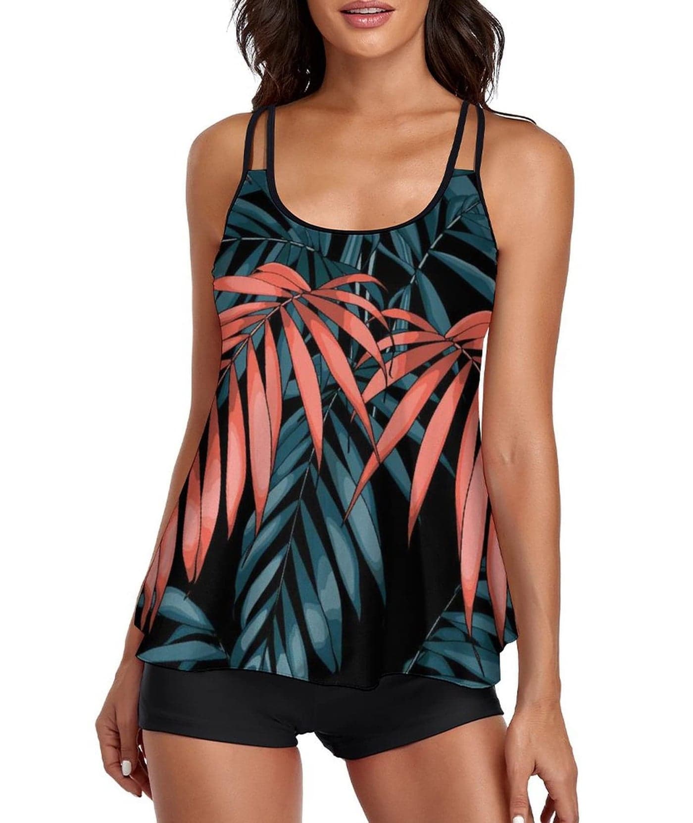 Urchics Womens Gray Tankini Swimsuit Tank Top Two Piece Bathing Suits with Boyshorts Print Leaf M