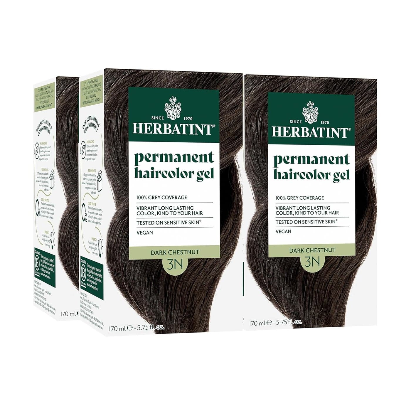 Herbatint Permanent Hair Dye 3N Dark Chestnut For Up To 100 Gray Coverage of Resistant Gray Hair AmmoniaFree AlcoholFree Vegan Salon Influenced Hair color 575 fl oz 4 Pack