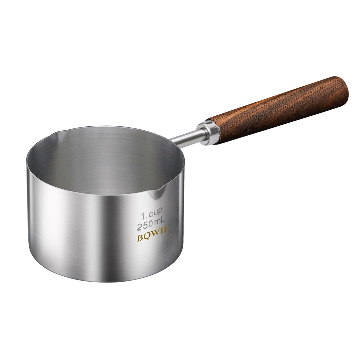 BQWII stainless steel mini pot butter warmer 85fl oz 250ml coffeemilk warmer mini sauce pan for coffee ideal for seafood butter warmersmelting pot With dual spouts and wooden handle