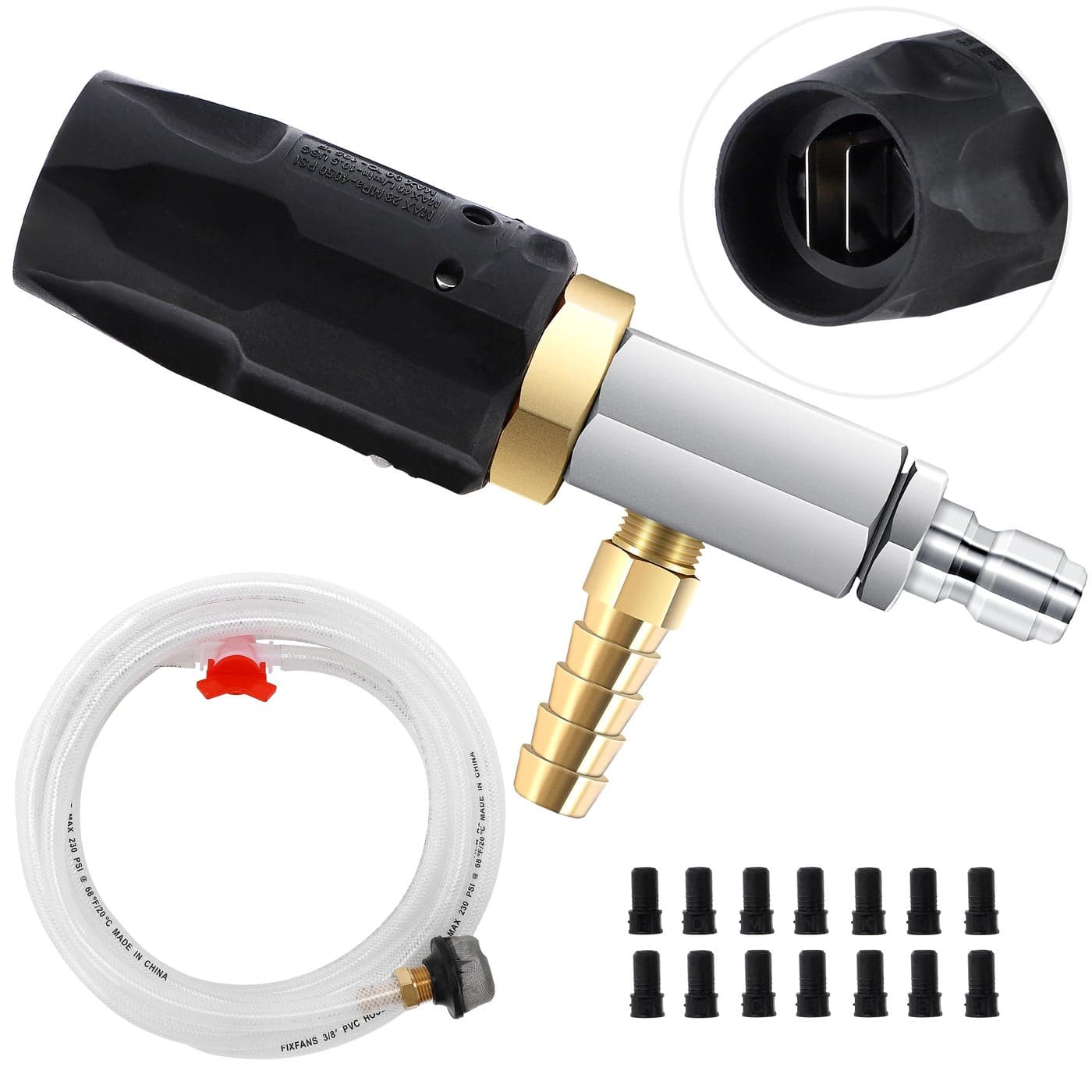 FIXFANS Adjustable Long Range Downstream Injection Nozzle Kit 445 GPM Pressure Washer Spray Nozzle High Power Washing External Chemical Injector with 14 Quick Connect 2500 to 4000 PSI