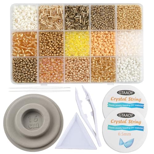 GTAAOY Mix 15 Color Glass Seed Beads Glass Bugle Beads Tube Beads for Adults Bracelet Bead Boards TweezersElastic Sting for Jewelry MakingMix SizeGold
