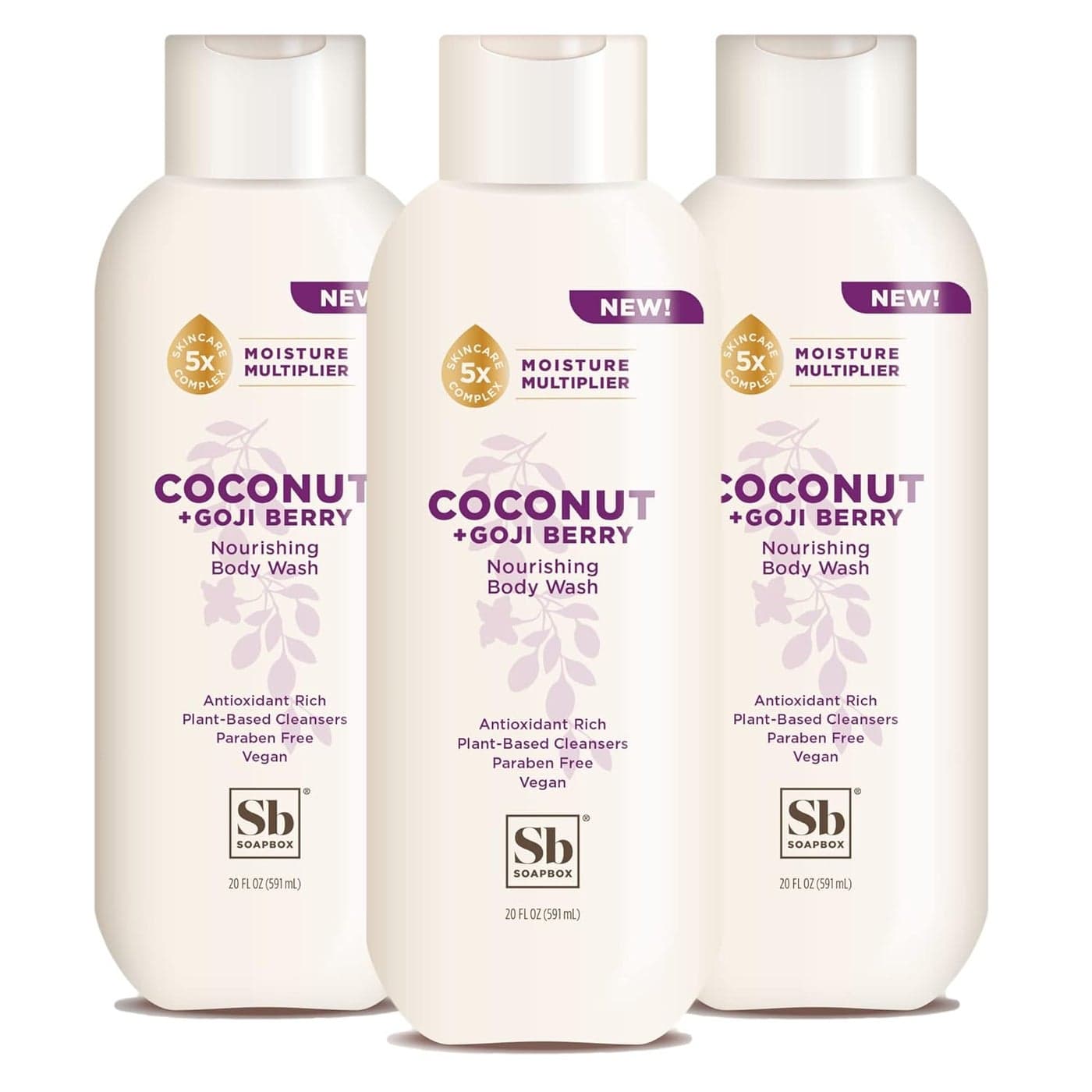 Soapbox Body Wash Coconut Goji Berry Body Wash for Women Men Vegan Antioxidant Rich Moisturizing Soap with Shea Butter Peptides Keratin Promoting B3 3 Pack 20oz Each