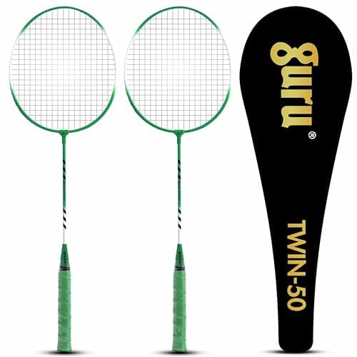 GURU Twin-50 Green Heavy Duty Steel Badminton Rackets Set of 2 with Cover