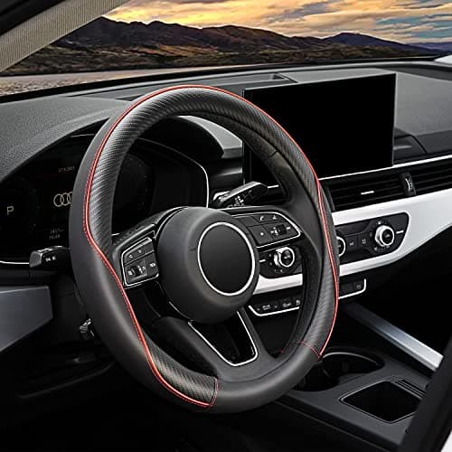 YHONGJT Soft Microfiber Leather Anti-Slip Car Steering Wheel Cover, Universal 15 Inch, Fit Vehicles, Sedans, SUVS, Vans, Trucks - Black with Red Line