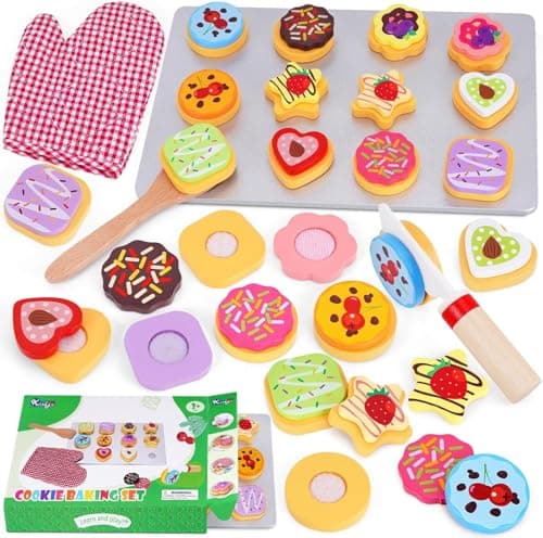 Slice and Bake Wooden Cookie Play Food Set for Kids Kitchen Toy Food Accessories Kids Pretend Cookies and Baking Sheet Toy Baking Set for 3 Year Old Boys Girls Birthday Gifts