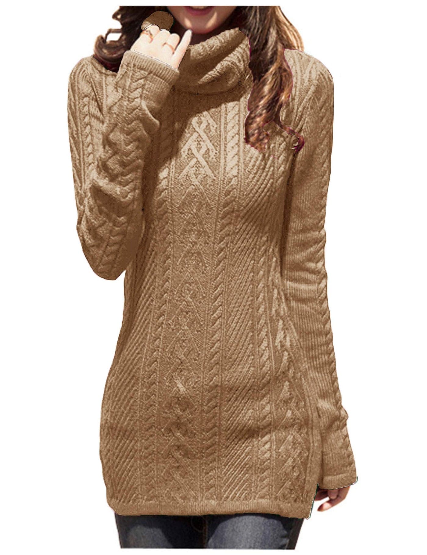 v28 Women Polo Neck Turtleneck Knit Stretchable Elasticity Long Slim Sweater (L,Khaki)