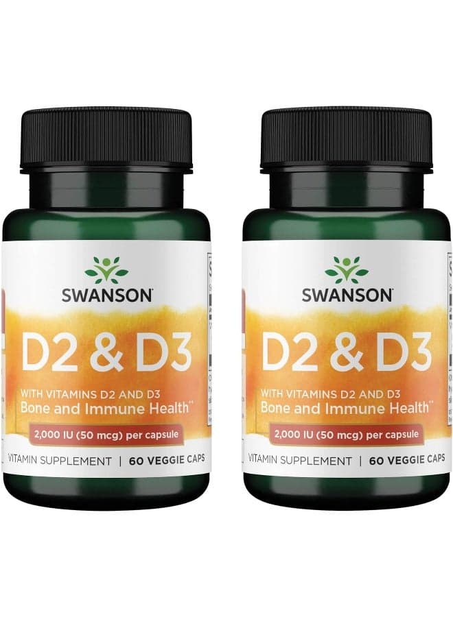 Swanson Vitamin D Complex with Vitamins D2 & D3 - Complete Sunshine Vitamin Complex for Bone, Dental & Immune Health - Vitamin Supplement (50 mcg, 60 Veggie Capsules) (2 Pack)