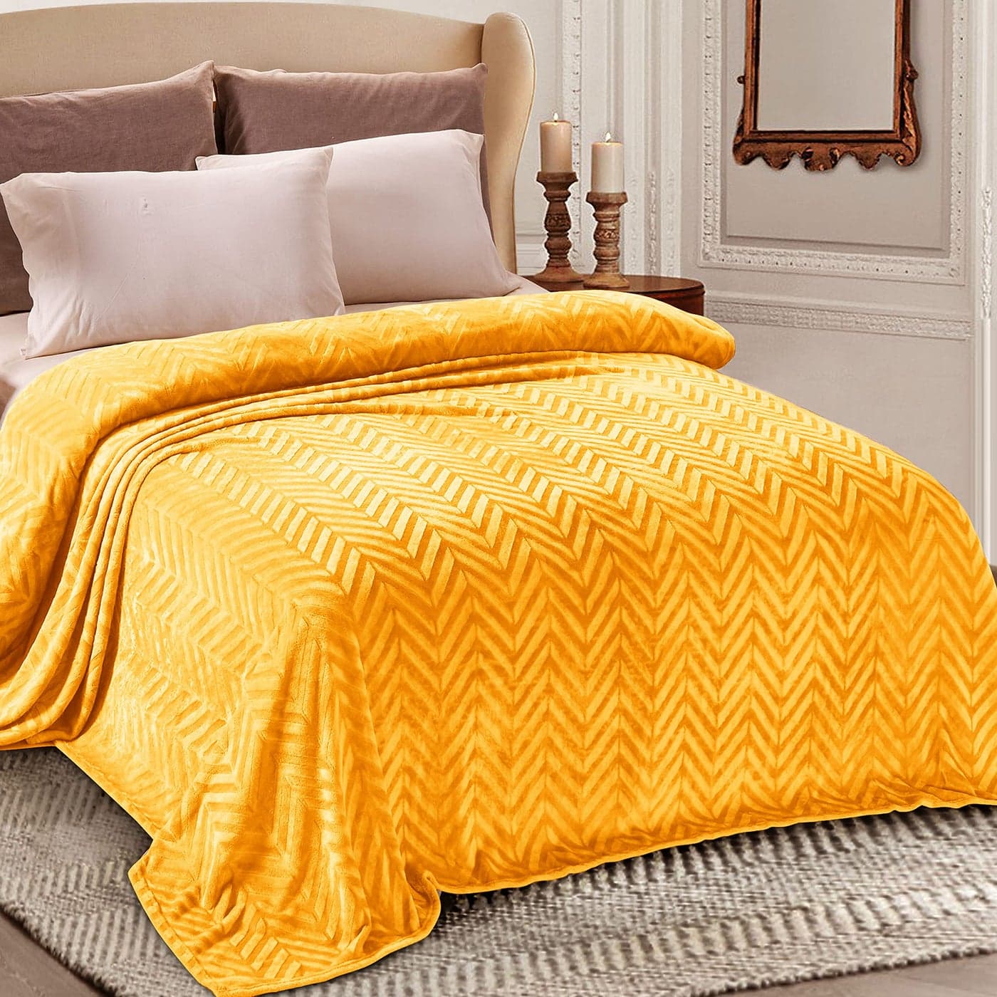 Whale Flotilla Flannel Fleece King Size Bed Blanket Lightweight Breathable Soft Bedspread Plush Fluffy Coverlet Chevron Design Decorative Blanket for All Season 90x104 Inch Lemon Yellow