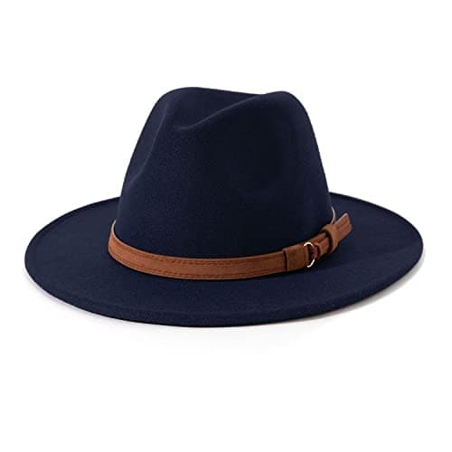 Lisianthus Men & Women Vintage Wide Brim Fedora Hat with Belt Buckle A-Navy Blue 59-60cm