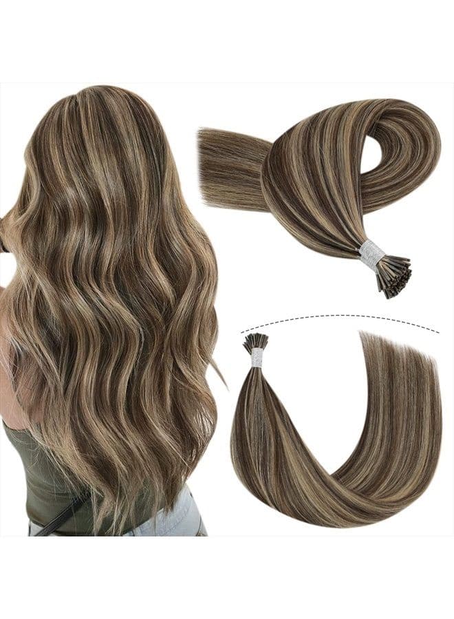 Itip Human Hair Extensions Dark Brown Highlight with Blonde Itip Hair Extensions Human Hair Keratin Hair Extensions 16 Inch Cold Fusion I Tip Hair Extensions 100 strands 50g