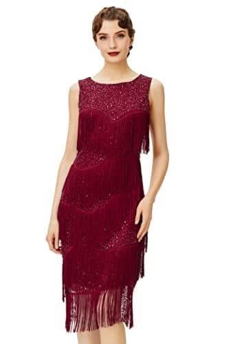 BABEYOND 1920s Flapper Dress Gatsby Fringed Dress Roaring 20s Wine Red