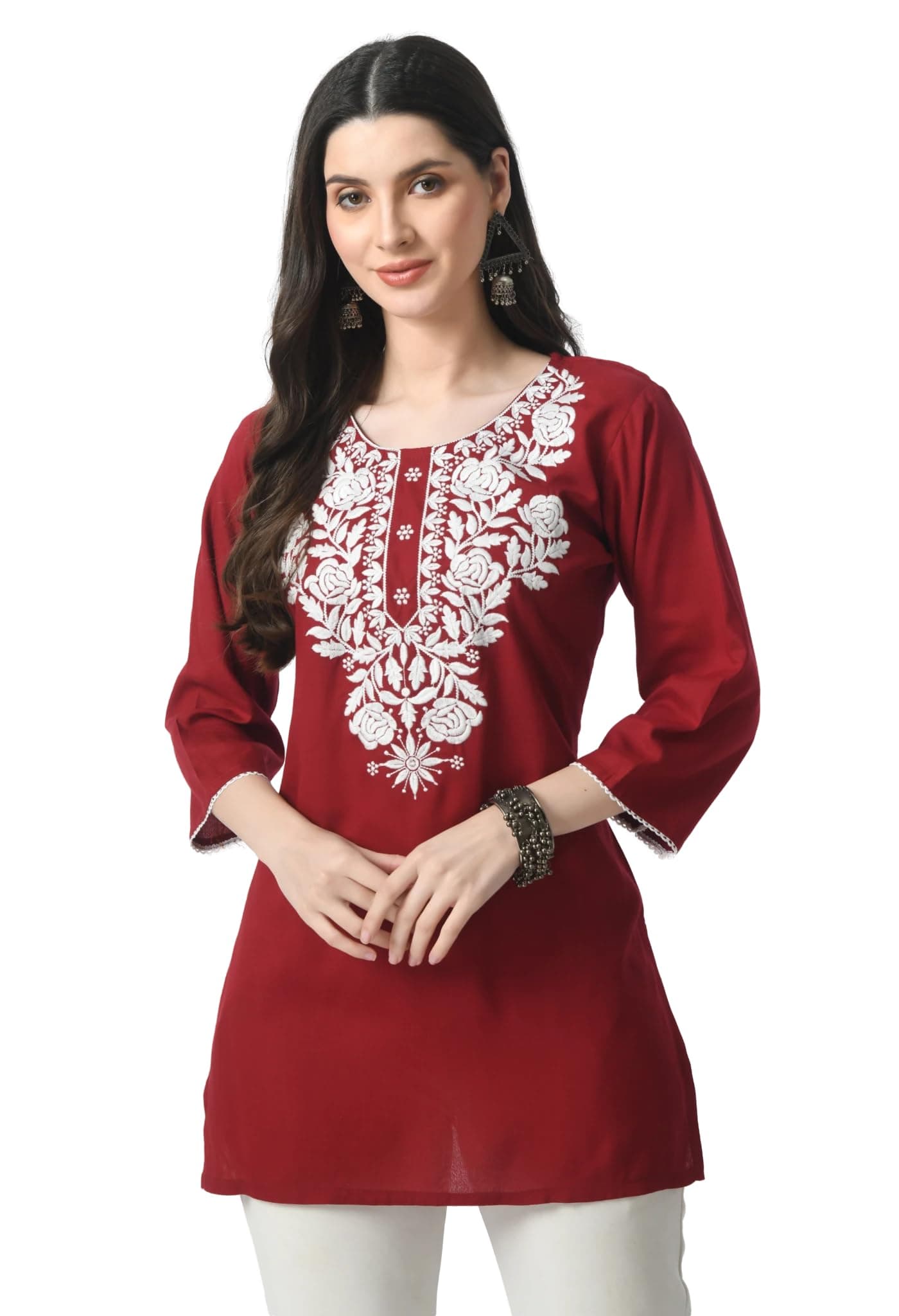 LIBOZA Rayon Kurti for Women - Short Chikankari Kurtis for Girls, Lakhnawi Tunic Top Kurta Design for Ladies, Woman Ethnic Kurthis & Shirt with Sleeve (M, Red)
