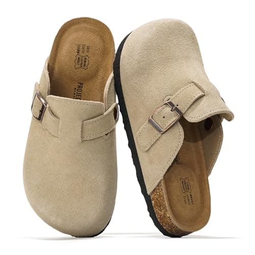 Project Cloud 100% Genuine Leather Kids Clogs with Cork Footbed Arch Support - Non-Slip Slippers & Sandals for Boys & Girls Footwear (Little Benton, TAUPSUEDE, 1)