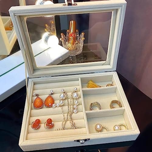 wolpin Jewellery Organiser Exquisite Necklace Earrings Storage Box Case with Dividers Container for Rings, Earrings, Necklace, Lipstick, Makeup Home Organizer - Beige