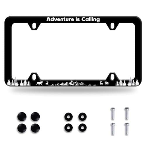 Adventure is Calling License Plate Frame Mountain Forest Camping License Plate Colorful Stainless Steel Auto Funny License Plate Decoration with Screws Size 123 x 63