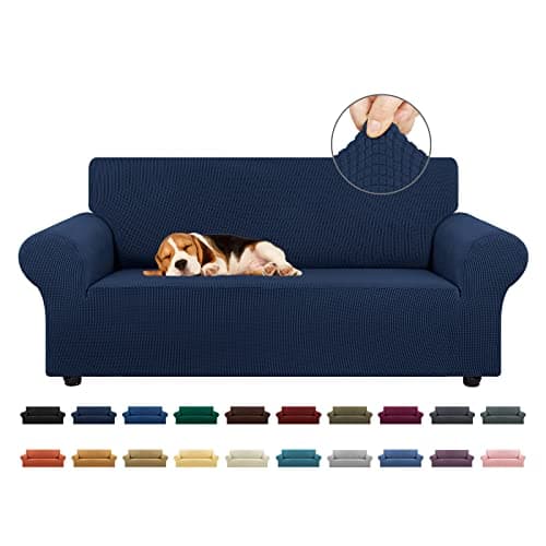 KEKUOU Stretch Loveseat Sofa Cover Slipcover,Couch Covers for 2 Cushion Couch Sofa (55"-78") Furniture Protector Sofa with Elastic Bottom for Kids,Dog. Jacquard Small Checked (Medium,Navy Blue)