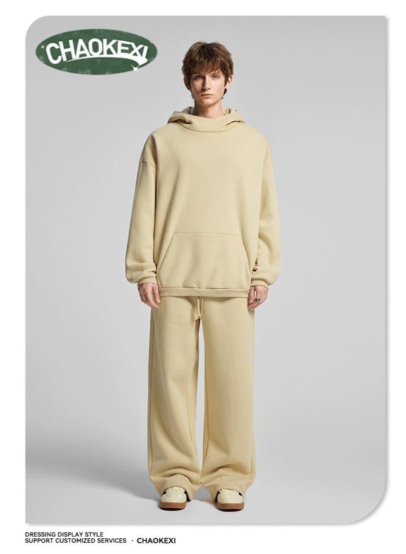 American Retro Men's Fleece-Lined Hoodie Set, Autumn/Winter Street Style Loose-fitting Hoodie Two-Piece Set, Sporty Casual High-Neck Warm (Almond Yellow)