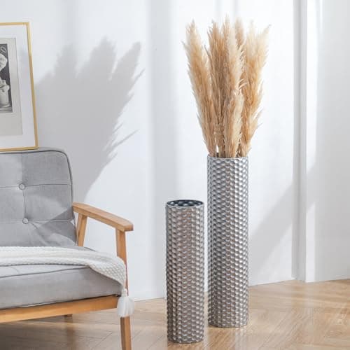 Sziqiqi Silver Tall Floor Vase: 27.6/21.7in Metal Cylinder Vases Extra Large Decorative Vase Set of 2 Living Room Modern Honeycomb Texture Big Standing Decor for Dining Bedroom Home Corner Indoor