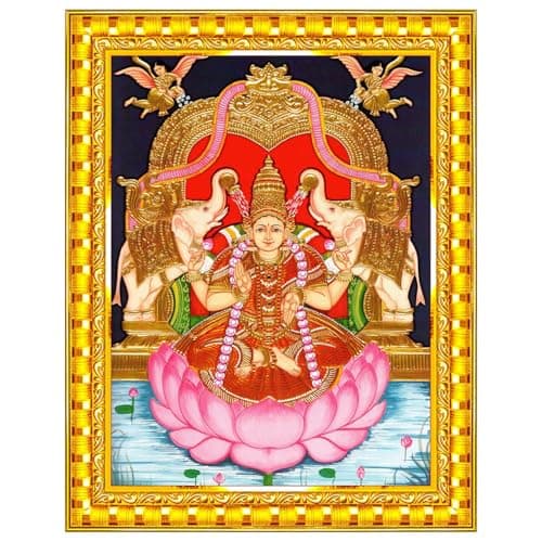 Pavan Photo Laminations Goddess Lakshmi Devi Vaibhav Laxmi Tanjore Wall Painting Framed Home Decor (Wood,Acrylic,Gold,Big Size,10x12 Inch) R1293M