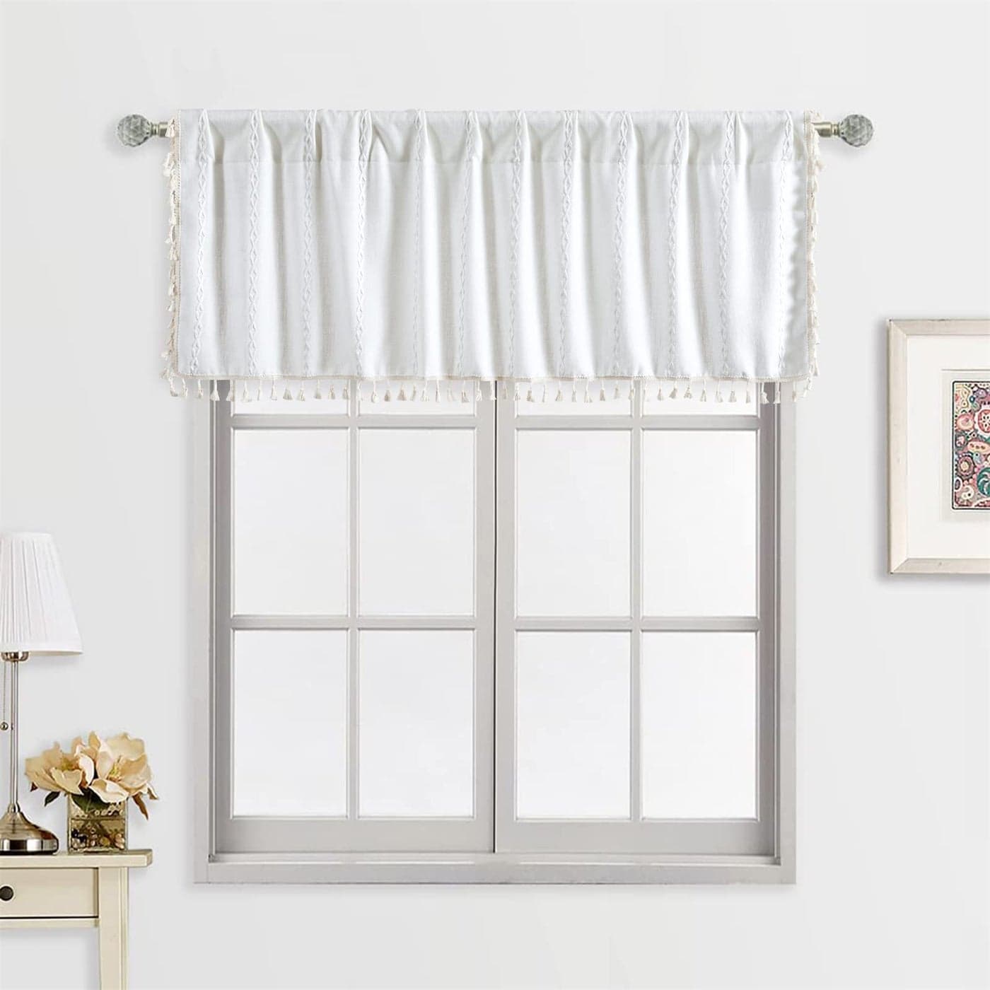 RoomTalks White Boho Kitchen Valances for Windows Rod Pocket 18L x 52W Embroidered French Striped Modern Farmhouse Chic Textured Tassel Curtain Valances for Bathroom Living Room Bohemian Decor