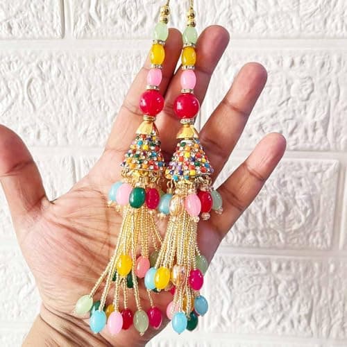Adikala Craft Store Ethnic Multicolor Glass Beads Latkan Tassel Pack of 2 for Saree Pallu, Blouse, Suits, Dupatta, Lehenga Decor (Multi D4)