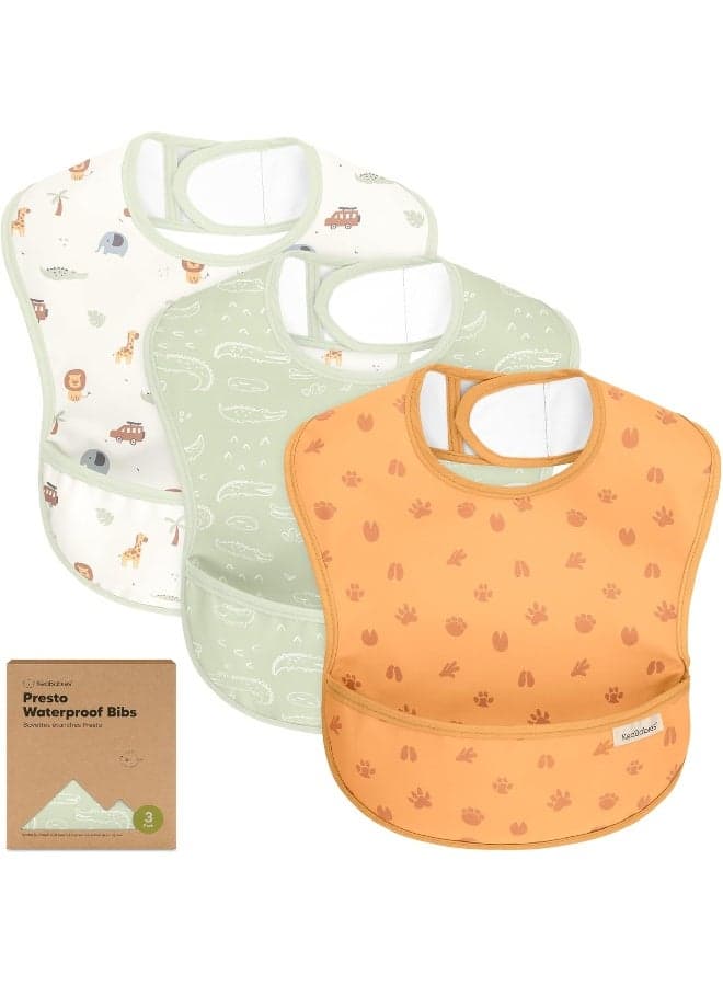 3-Pack Waterproof Baby Bibs for Eating - Lightweight Toddler Feeding Bibs with Large Food Catcher, Mess Proof, Food-Grade Baby Eating Essentials, Easy to Put On & Clean (Wilderness)