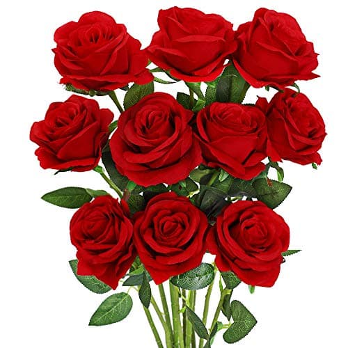Luyue 10PCS Artificial Roses Flower with Stems Slik Fake Flowers Bouquet Realistic Long Stem Faux Rose for Valentines Day Wedding Home Decor