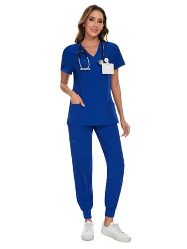 COZYFIT Scrubs for Women Set - Stretch V-Neck Scrub Top & Jogger Pant with 8 Pockets, Yoga Waistband, Anti Wrinkle, Slim Fit Women Scrubs