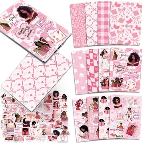 TAKEALOOKO Insert Cardstock Paper for Kindle 12Pcs Pink Bows Black Girls Back Cover Inserts and 50Pcs Inspirational Stickers for Kindle EReaders Bookish Gifts for Women 69x48