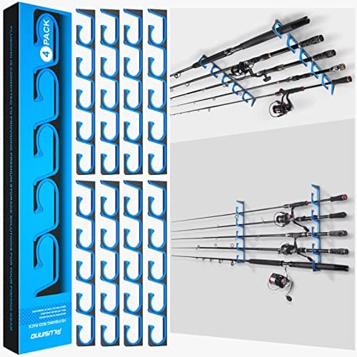 PLUSINNO H5 Horizontal Fishing RodPole Holders for Garage Wall or Ceiling Mounted Fishing Rod Rack Aviation Aluminum Fishing Pole Holder Holds up to 20 Rod or Combos or Nets Storage Racks