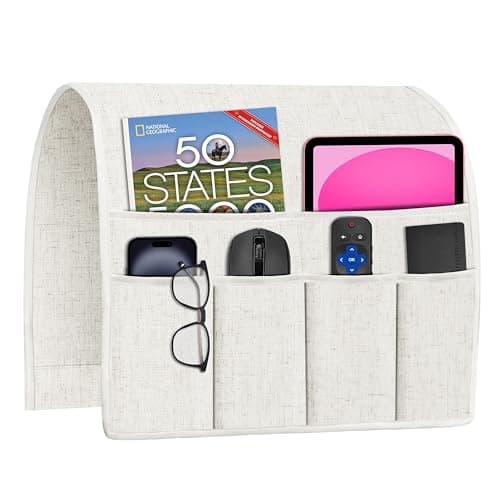 Joywell Couch Remote Holder Sofa Armrest Organizer Non Slip Arm Chair Caddie for Recliner with 6 Pocket Storage for Magazine, Tablet, Phone, iPad, Beige White