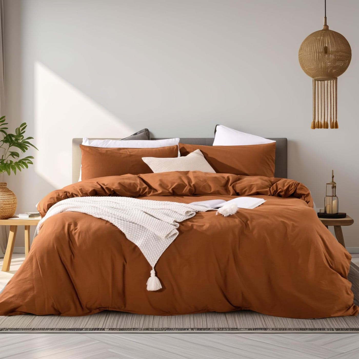 NEXHOME PRO Terracotta Burnt Orange Duvet Cover Set Kids Twin Size Linen Look Textured Organic Natural 100 Washed Cotton Duvet Cover 2 Pieces Bedding Set Caramel with Zipper Closure No Comforter