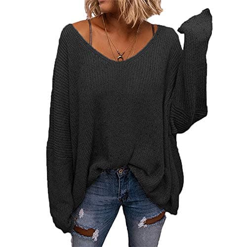 BZB Women's V Neck Long Sleeve Knit Loose Oversized Pullover Sweater Black