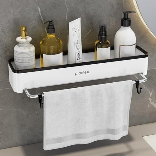 Plantex 3in1 Multipurpose Shelf/ABS Plastic White Floating Shelf with Towel Rod and Hooks for Bathroom/Kitchen/Wall-Mount Shelf for Bathroom/Storage Shelf (16 x 4 Inches)