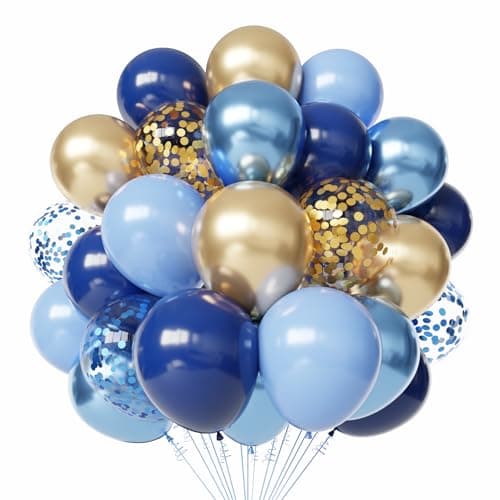 Blue and Gold Latex Balloons 60pcs 12 Inches Metallic Navy Blue Gold Confetti Balloons with 1 Ribbon for Graduation Birthday Baby Shower Party Decorations