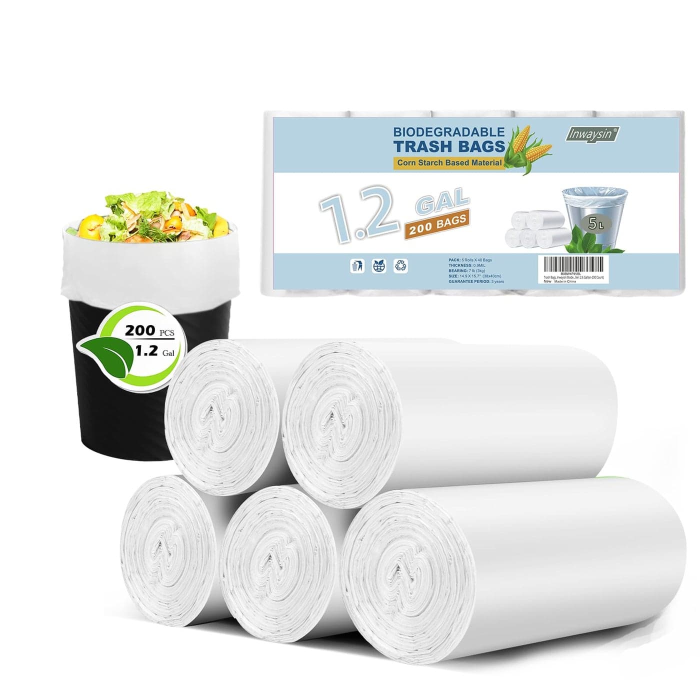 Inwaysin 12 Gallon 200 Pcs Small Trash Bags Bathroom Garbage Bags Clear White Office Waste Basket Liners Compost Bags for Kitchen Office Pet Litter Car 56 Liter
