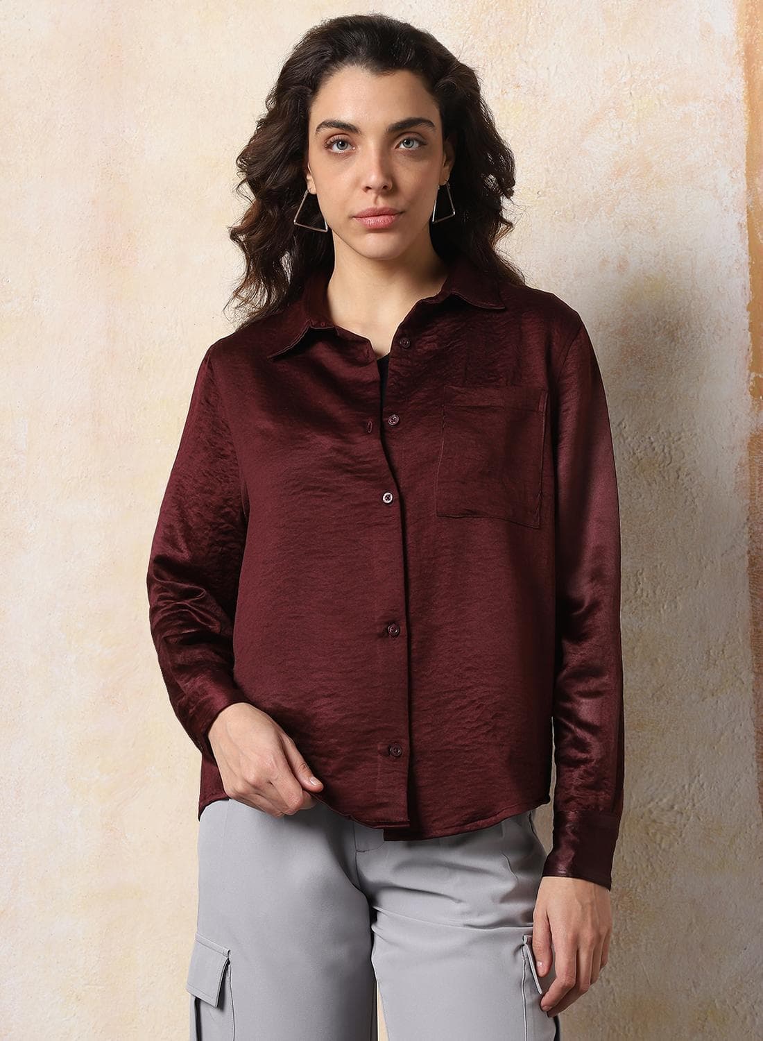 Women's Wine 100% Polyester Solid Pattern Button Down Boxy Shirt