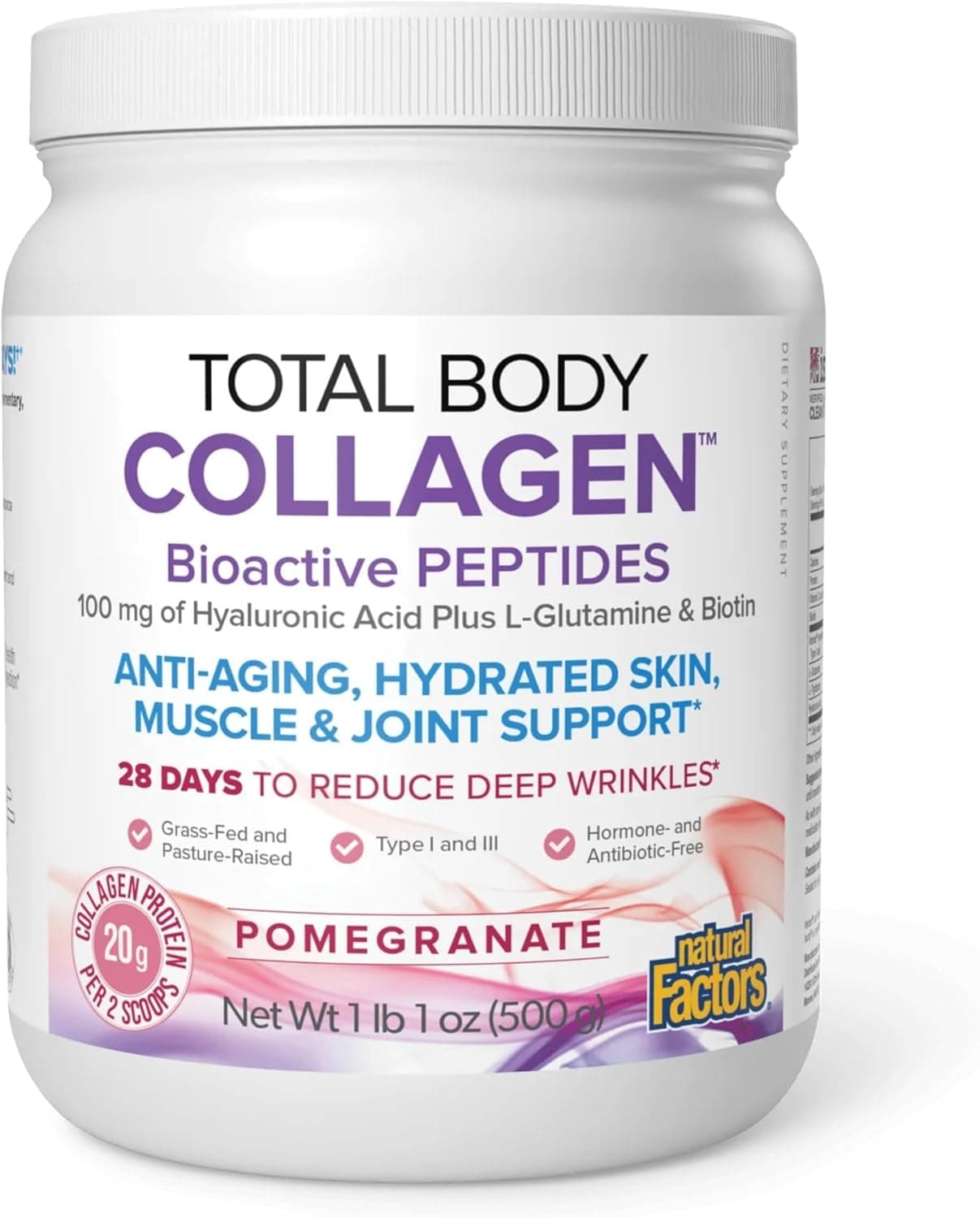 Natural Factors Total Body Collagen Bioactive Peptides Powder for Healthy Skin Hair Joints Pomegranate 500 g