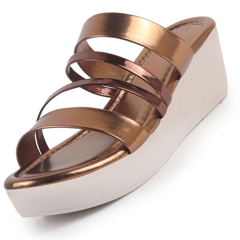 FAUSTO FST KI-804 COPPER-39 Women's Copper Glossy Open Toe Multi Strap Wedge Heel Wedding Ethnic Sandals|Slippers for Party|Festive|Height Enhancer Sandal (6 UK)
