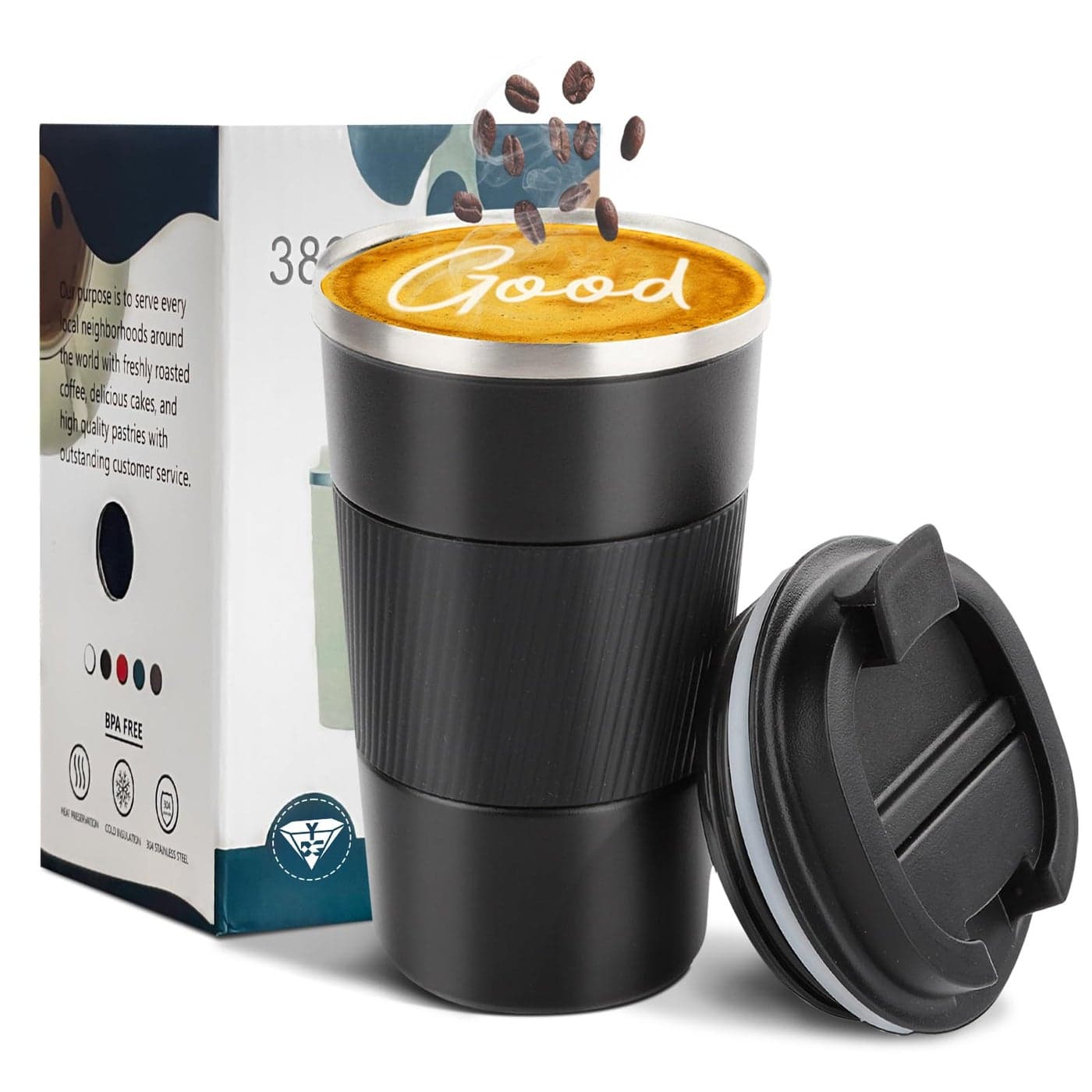 YINBAOGE Insulated Travel Coffee Mug Spill Proof Leak Proof Pobtable To Go Camping Stainless Steel Coffee Tumbler Reusable Coffee Cups with Lids Thermos for Hot and Cold Drink Black 17 OZ