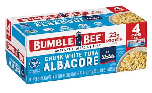 Bumble Bee Chunk White Albacore Tuna in Water 5 oz Can Pack of 4 Wild Caught Tuna 23g Protein per Serving High in Omega3s NonGMO Project Verified Gluten Free Kosher