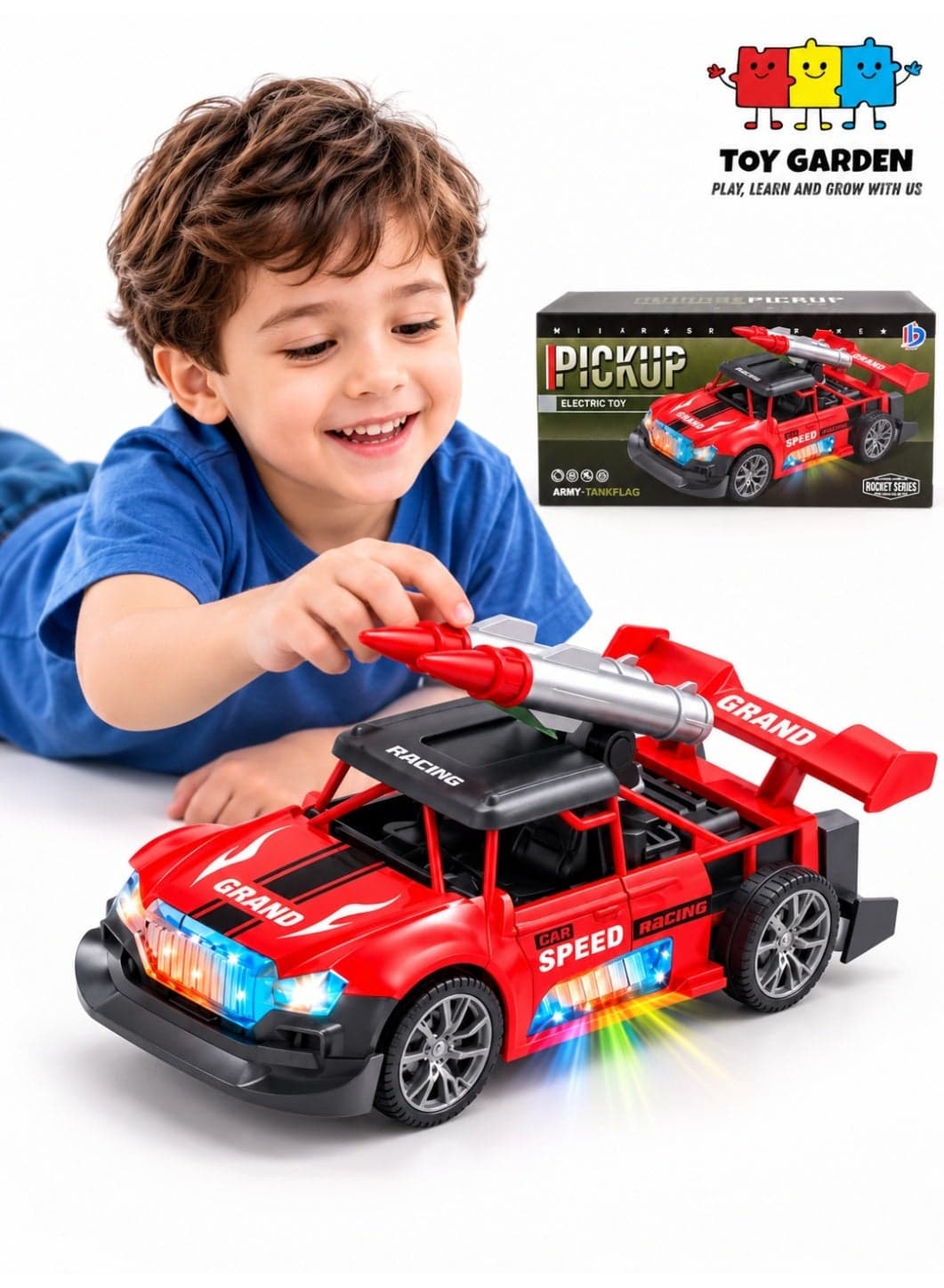 Kids Electric Truck, Kids Electric Rocket Pickup Truck Toy - Bump and Go Battery Operated Vehicle with Flashing Lights and Action Sounds