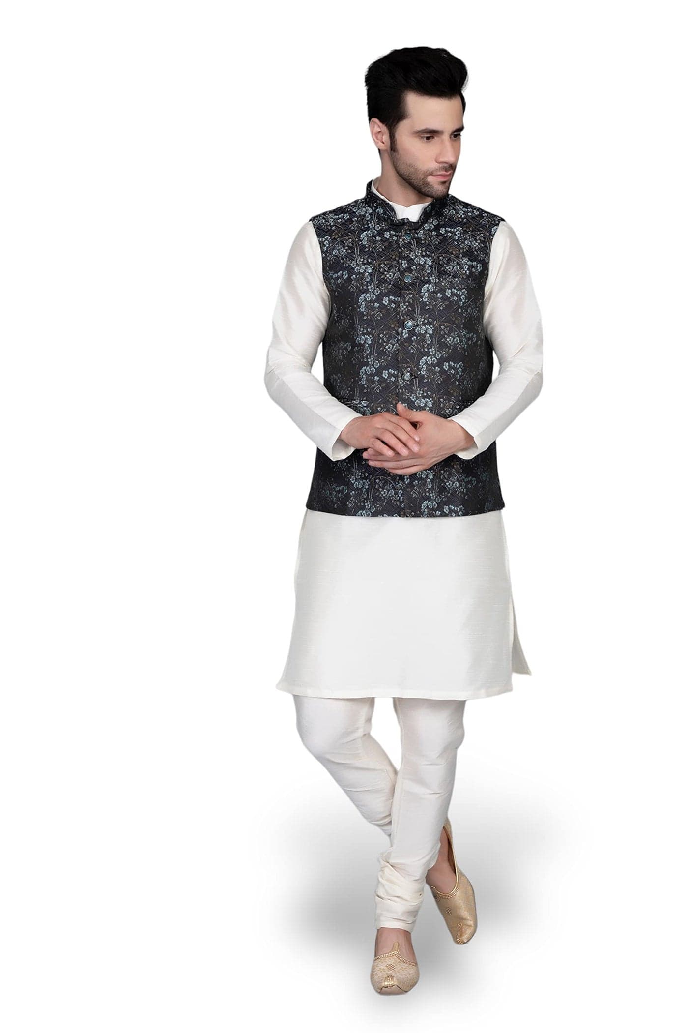 Ethluxis Men's Silk Blend Regular Fit Kurta Churidar Pyjama With Ethnic Bundi Jacket Set (36, Off-White/Cyan), Small